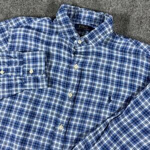 Polo Ralph Lauren Mens L Shirt 100% Linen Blue Plaid Long Sleeve Pony Button Up